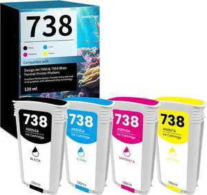 738 Ink Cartridge Replacement for HP 738 130-ml Black Cyan Magenta Yellow Designjet Ink Cartridge for DesignJet T850 T950 Wide Format Printer Plotters 498N5A 498N6A 498N7A 498N4A (4-Pack)