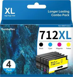 712 712XL Ink Cartridges Combo Pack High-Yield Replacement for HP 712 XL Ink Cartridge for DesignJet T210 T230 T250 T630 T650 Printer Ink 4-Color (80-ml Black + 29-ml Cyan/Magenta/Yellow)