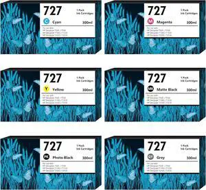 727XL Ink Cartridges Compatible with HP DesignJet T930 T920 T1500 T2500 T1530 T2530, Replacement for HP 727 300-ml Ink Cartridge (300-ml, Matte Black/Photo Black/Gray/Cyan/Magenta/Yellow, 6 Pack)
