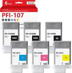 PFI-107 Compatible for PFI-107MBK PFI-107BK PFI-107C PFI-107M PFI-107Y Ink Cartridge for imagePROGRAF iPF-670/680/685/770/780/785 (130ml Pigment Ink, 6Pack)