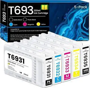 T693 Ink Cartridges 350ml 5-Pack Remanufactured T6931 T6932 T6933 T6934 T6935 Ultra Chrome XD Ink Compatible for SureColor T3000 T3070 T3200 T3270 T5000 T5070 T5200 T5270 T7000 T7070 T7200 Printer Ink