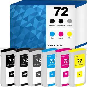 72 Ink Cartridges with New Chip Replacement for HP 72 Ink C9403A C9370A C9371A C9372A C9373A C9374A Compatible with DesignJet T770 T790 T795 T610 T620 T1100 T1120 T1200 T1300 T2300 (130ml, 6 Pack)