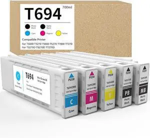 T694 Ultrachrome XD Ink Cartridge Remanufactured 700ml Set Replacement for T6941 T6942 T6943 T6944 T6945 for SureColor T3000 T3270 T5000 T5270 T7000 T7270 Printers, 5 Pack