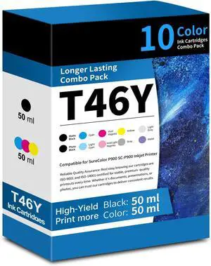 T46 T46Y UltraChrome PRO10 Ink Cartridge Set (with Chip) Remanufactured T46YD T46Y1 T46Y2 T46Y3 T46Y4 T46Y5 T46Y6 T46Y7 T46Y8 T46Y9 Ink Replacement for SureColor P900 SC-P900 Printer, 10 Pack T46Y