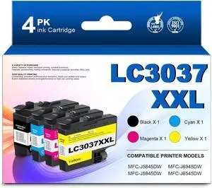 LC3037 Ink Cartridges High Yield | Replacement for Brother LC3037XXL Ink Work for MFC-J5945DW MFC-J5845DW MFC-J5845DWXL MFC-J6545DW MFC-J6945DW Printers (4-Pack, Black Cyan Magenta Yellow)