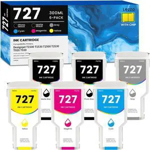 Lezzo 727 Ink Cartridge 300ML 6-Pack with Chip 727 Ink Kit Replacement for HP 727 Ink C1Q12A F9J79A F9J76A F9J77A F9J78A F9J80A for Designjet T920 T930 T1530 T1500 T2500 T2530 Printer (MK/PK/C/M/Y/G)