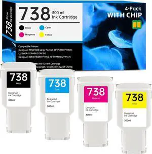 738 Ink Cartridge High Capacity 300ml with New Chip Repalcement for HP 738 Ink Cartridges 738XL 498N8A 676M6A 676M7A 676M8A for DesignJet T850 DesignJet T950 Printer, 4 Pack 738 Color Cartridges