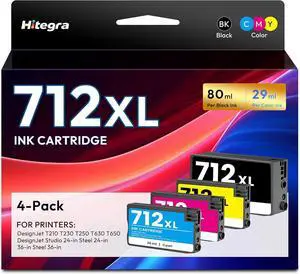 712 712XL Ink Cartridges Replacement for HP 712XL 712 Ink Set Work for DesignJet T650 T630 T230 T210 Studio 24-in Steel 24-in 36-in Steel 36-in Printer 712 XL Ink, 4-Pack for Black Cyan Magenta Yellow