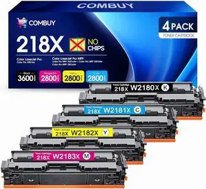 COMBUY 218X Toner Cartridges 4 Pack (NO CHIP) High Yield Replacement for 218X 218A Toner Cartridges W2180A W2180X for Color Pro MFP 3301fdw 3201dw 3301cdw 3301sdw Printer W2180A W2180X Ink (B/C/Y/M)