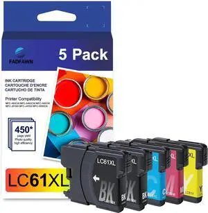 LC61 High Yield Ink Cartridges (Black/Color, Pack of 5) Compatible for Brother LC61XL LC65 LC61BK LC61C LC61M LC61Y Ink Cartridge use with MFC-490CW MFC-495CW MFC-6490CW MFC-6890CDW Printer