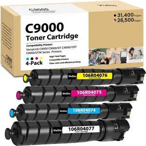 Versalink C9000 Toner Cartridge (with New Chip) Extra High Capaticy Replacement for Xerox C9000 106R04077 106R04076 106R04075 106R04074 Toner Bundle for C9000 C9000/DT Printers, 4 Pack C9000 Toner Kit