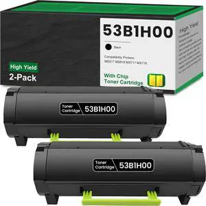 53B1H00 Black Toner with Chip (25,000 Pages) 2-Pack Remanufactured 53B1H00 MS817 Replacement for Lexmark 53B1H00 Toner for MS817 MS818 MS817dn MS817n MS818dn MS818n MX717 MX718 MX717de Printer Toner
