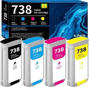 738 Ink Cartridges 130ml 4-Pack 498N4A 498N5A 498N6A 498N7A Ink Replacement for HP 738 Ink for T850 & T950 Large Format Multifunction Plotter Printer (Black Cyan Magenta Yellow)