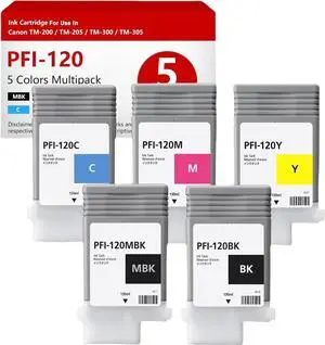 PFI-120 Pigment Ink Tank Bundle Compatible for imagePROGRAF IPF TM-200 TM-205 imagePROGRAF IPF TM-300 TM-305 Replacement for PFI120MBK PFI120BK PFI120C PFI120M PFI120Y (5 Pack, 130-ml)