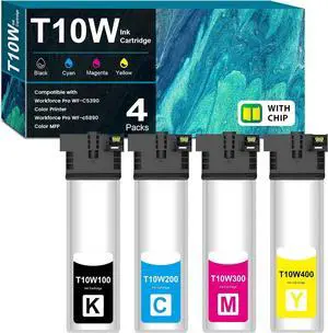 T10W Ink Cartridge 4-Pack High Capacity Remanufactured for T10W100 T10W200 T10W300 T10W400 Ink Pack Replacement for Workforce Pro WF-C5390 WF-C5890 Color Printer (4-Pack, Black, Cyan, Magenta, Yellow)