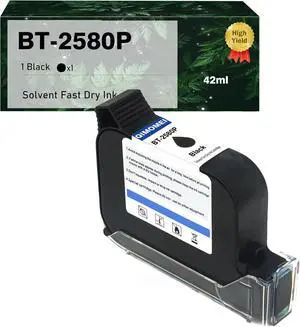 Handheld Printer BT-2580P Solvent Fast Dry Ink Cartridge at 12.7mm (0.5 Inch) Replacement for Bentsai BT-2580P Handheld Portable Inkjet Printer Mobile BT-HH6105B2, BT-HH6105B3 and B10 (1 Black, 42ml)