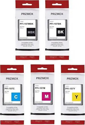 PFI-107 Ink Tank Compatible for Canon PFI-107MBK PFI-107BK PFI-107C PFI-107M PFI-107Y PFI107 Ink Cartridge for imagePROGRAF IPF670 IPF680 IPF770 IPF780 IPF785 Printer (MBK/BK/C/M/Y, 5-Pack)
