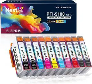 PFI-5100 Ink Cartridge 10-Pack High Capacity PFI5100 Ink Replacement for Canon PFI-5100 PFI5100 Ink Cartridge for imagePROGRAF PRO310 Printer (MBK, PBK, C, M, Y, R, GY, PC, PM, CO)