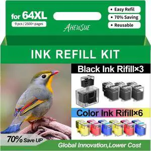 64XL Ink Refill for HP 64xl Ink Cartridge Combo Pack for Envy Inspire 7955e 7958e 7255e Photo 7155 7858 7155 7100 7800 7900 7855 6222 Tango Printer(3 Black 2 Cyan 2 Magenta 2 Yellow, 9 Pack)