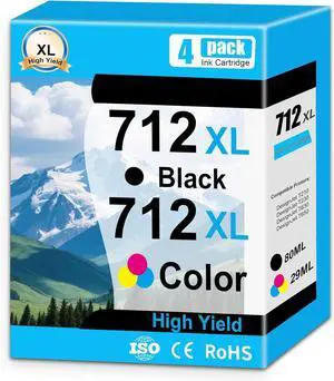 4 Pack 712XL 712XL 712 Ink Cartridge Use for DesignJet T210 T230 T630 T650 Studio Plotter Printers (Black: 80ml, Cyan/Magenta/Yellow: 29ml)