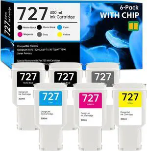 727 Ink Cartridge 300ml with New Chip Replacement for HP 727 Ink Cartridges C1Q12A F9J79A F9J76A F9J77A F9J78A F9J80A for DesignJet T920 T930 T1500 T1530 T2500 T2530 Printer Ink, 6 Pack 727 Ink Kit