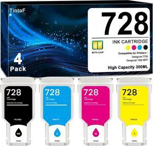 728 Ink Cartridge 300-ml Compatible for HP 728 Ink Cartridge F9J68A F9K17A F9K16A F9K15A for DesignJet T830 MFP & T730 Large Format Plotter Printer Ink (4-Pack, Matte Black/Cyan/Magenta/Yellow)