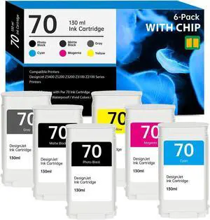 70 Ink Cartridges 130-ml with New Chip Replacement for HP 70 Ink Cartridges C9448A C9449A C9450A C9452A C9453A C9454A for DesignJet Z5400 Z5200 Z3200 Z3100 Z2100 Large Format Printers, 6 Pack