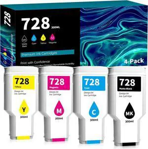 728 Ink Cartridges (4 X 300ml, Matte Black/Cyan/Magenta/Yellow), 728 Ink Cartridge Combo Pack F9J68A F9K17A F9K16A F9K15A Replacement for HP DesignJet T830 MFP & T730 Large Format Plotter Printer