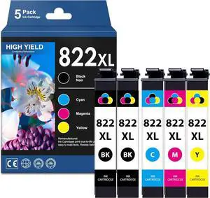 822xl Ink cartridges Remanufactured for Epson 822xl Printer Ink wf-3820 Printer Ink cartridges for for Workforce Pro WF-3820 WF-4830 WF-4820 WF-4830 WF-4833 WF-4834 (5 Pack)