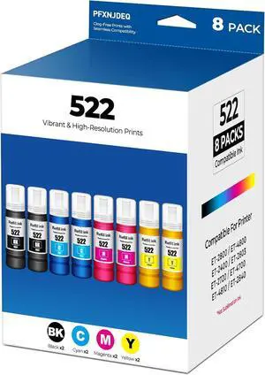 522 Ink Refill Bottles ET-2800 ET-4800 ET-2400 Ink Refill Compatible with 522 Ink Refill Bottles 8-Pack Eco Tank, for ET-2800 ET-4800 ET-2400 ET-2803 ET-2720 ET-4700 ET-4810 ET-2840 Printer