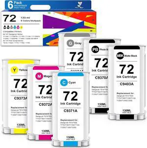 72 Ink Cartridges Compatible Replacement for HP 72XL HP72 for DesignJet T790 T795 T1300 T1100 T1200 T2300 T770 Printer (130-ml, 6-Pack, Matte Black, Photo Black, Cyan, Magenta, Yellow, Gray) Miss Deer