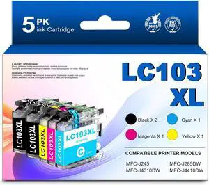 LC103XL High Yield Ink Cartridge (2Black 1Cyan 1Magenta 1Yellow, 5Pack) Replacement for Brother LC103 XL LC101 Ink Work for MFC-J870DW MFC-J6920DW MFC-J6520DW MFC-J450DW Printer