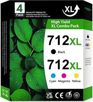 712 712XL 712 XL Ink Cartridge Combo Pack Replacement for HP DesignJet T210 T230 T250 T630 T650 Studio Plotter Printer (4Pack, 80-ML Black, 29-ML Cyan/Magenta/Yellow)