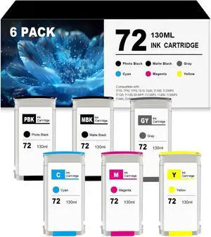 72 Ink Cartridges 130ml Replacement for HP72 HP 72 Ink C9403A C9370A C9371A C9372A C9373A C9374A for DesignJet T770 T790 T795 T610 T620 T1100 T1120 T1200 T1300 T2300 6Pack, PBK MBK C M Y G