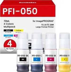 PFI-050 Pigment Ink Cartridge 70ML PFI-050 BK C M Y Replacement for Canon PFI-050 PFI050 PFI 050 Ink Bottle for ImagePrograf TC-20 TC-20M Large Format Printer Ink 4-Pack (Black, Cyan, Magenta, Yellow)