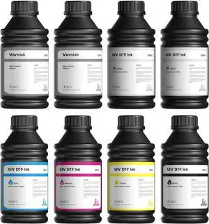 GEVANCY® UV DTF Ink 8x500ml (CMYKWW+VV Hard Gloss Varnish)  Fast-Drying UV Curable Ink for PET A/B Film Transfer, Compatible with XP600, TX800, i3200, L805, 1390, DX5/DX6/DX7, i1600, DX10