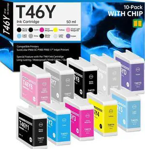 T46 T46Y Ink Cartridges (with New Chip) for T46Y1 T46Y2 T46Y3 T46Y4 T46Y5 T46Y6 T46Y7 T46Y8 T46Y9 T46YD Remanufactured for SureColor P900 P900 17" Inkjet Printer, 10 Pack UltraChrome PRO10 Ink Refill