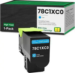 78C1XC0 Cyan Toner (with Chip) 1-Pack Remanufactured 78C1X 78C1XC0 High Yield Replacement for Lexmark 78C1XC0 Toner for CS421 CS521 CS622 CX421 CX522 CX622 CX625 Printer Ink