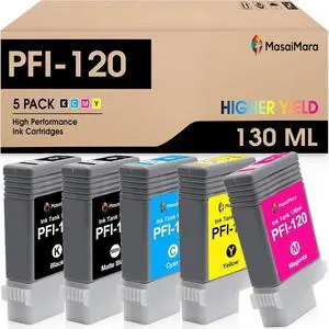 MasaiMara PFI-120 PFI120 High Capacity Compatible Ink Cartridges Pigment Tank Bundle for Canon TM-200, TM-205, TM-300, TM-305 Printer (Matte Black, Black, Cyan, Magenta, Yellow, 5-Pack)