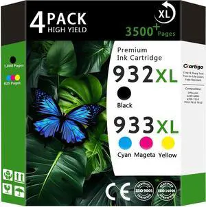 932XL 933XL High Yield Ink Cartridges Compatible for Combo Pack HP 932 933 Replacement for Officejet 6100 6600 6700 7110 7610 7612 Printers (Black/Cyan/Magenta/Yellow 4-Pack)