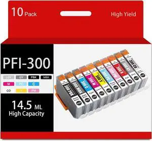 Compatible for Canon PFI-300 MBK PBK C M Y PM PC R GY CO Ink Cartridges 10-Pack High Capacity Replacement for Canon ImagePROGRAF PRO-300 Printer