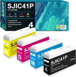 SJIC41P Ink Cartridges 4-Pack with Chip Remanufactured for SJIC41P-BK SJIC41P-C SJIC41P-M SJIC41P-Y Ink Set for ColorWorks C4000 Series Color inkjet Gloss Printer Ink (4-Pack, T52L1 T52L2 T52L3 T52L4)