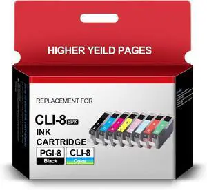 CLI-8 Ink Cartridges 8-Pack Replacement for Canon CLI 8 cli8 Ink Cartridges Combo Pack Compatible for Pixma Pro9000 and Pro9000 Mark II Printer (1BK 1C 1M 1Y 1PC 1PM 1R 1G)