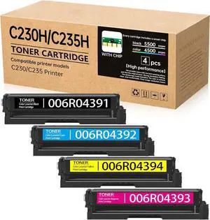 C230 C235 C225 High Yield 4-Color Toner Combo Pack with Smart Chips - Compatible with Xerox 006R04391 006R04392 006R04393 006R04394 for use with C235DNI C230DNI Printers (4,500-5,500 Pages)