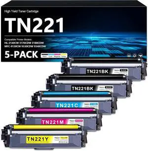 TN221 Toner Cartridge High Capacity 5-Color: TN221BK TN221C TN221M TN221Y Replacement for Brother TN-221 Black Cyan Magenta Yellow use for MFC-9130CW 9330CDW 9340CDW HL-3140CW 3170CDW 3180CDW Printer