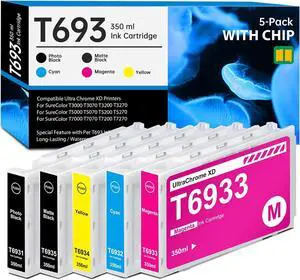 T693 Ultra Chrome XD Ink Cartridge 350ml (with New Chip) T6931 T6932 T6933 T6934 T6935 Remanufactured for T693 SureColor T5270 T3000 T3070 T3200 T3270 T5000 T5070 T5200 Printer, 5 Pack T693 Ink Kit