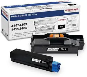 1-Pack 44992405 Black Toner Cartridge; 1-Pack 44574309 Black Drum Unit, Replacement for OKI 44574309 MB441 MB451 MB451w Printer