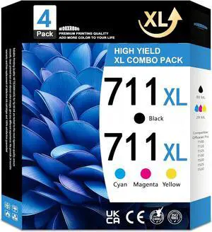711XL Ink Cartridges High Yield Black Color Combo Pack Replacement for HP 711 711XL Ink to Use for DesignJet T100 T120 T125 T130 T520 T525 T530 Printer 4 Pack (Bk/C/M/Y)