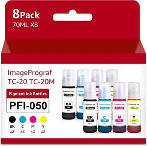 Compatible PFI-050 Ink Refill Bottles Replacement for Canon PFI050 PFI 050 PFI-050BK PFI-050C PFI-050M PFI-050Y Ink Tank Compatible for Canon imagePROGRAF TC-20 TC-21 TC-20M TC-21M Printer (8-Pack)