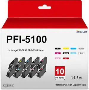 PFI5100 PFI-5100 Ink Cartridges High Capacity Replacement for Canon PRO 310 PFI 5100 Ink Cartridge for Canon imagePROGRAF PRO-310 Printer.10 Pack (MBK PBK GY PC PM CO C M Y R)